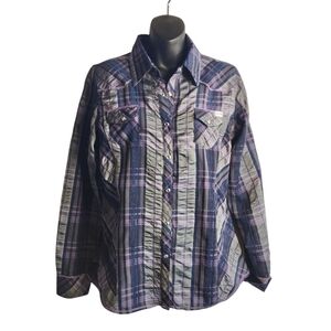 Adiktd Women's Cowgirl Plaid Button Down Shirt Long Sleeve Blue Purple Gray L